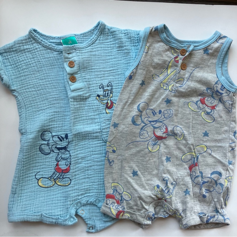 Disney Baby SET of 2 Rompers 6-9 months Blue Gray Mickey Infant Disneyland WDW